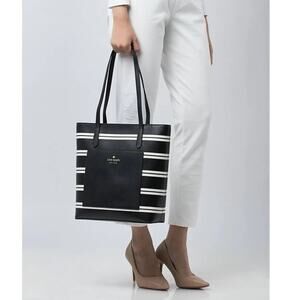 Kate Spade New York Black Multi Crisp Stripe Saffiano Daily Shoulder Tote Bag